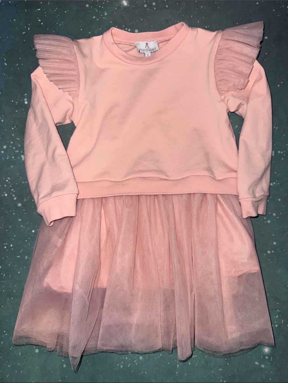 Pinolini girls Pink Tulle Sweatshirt Dress with Ruffle Shoulders 3t